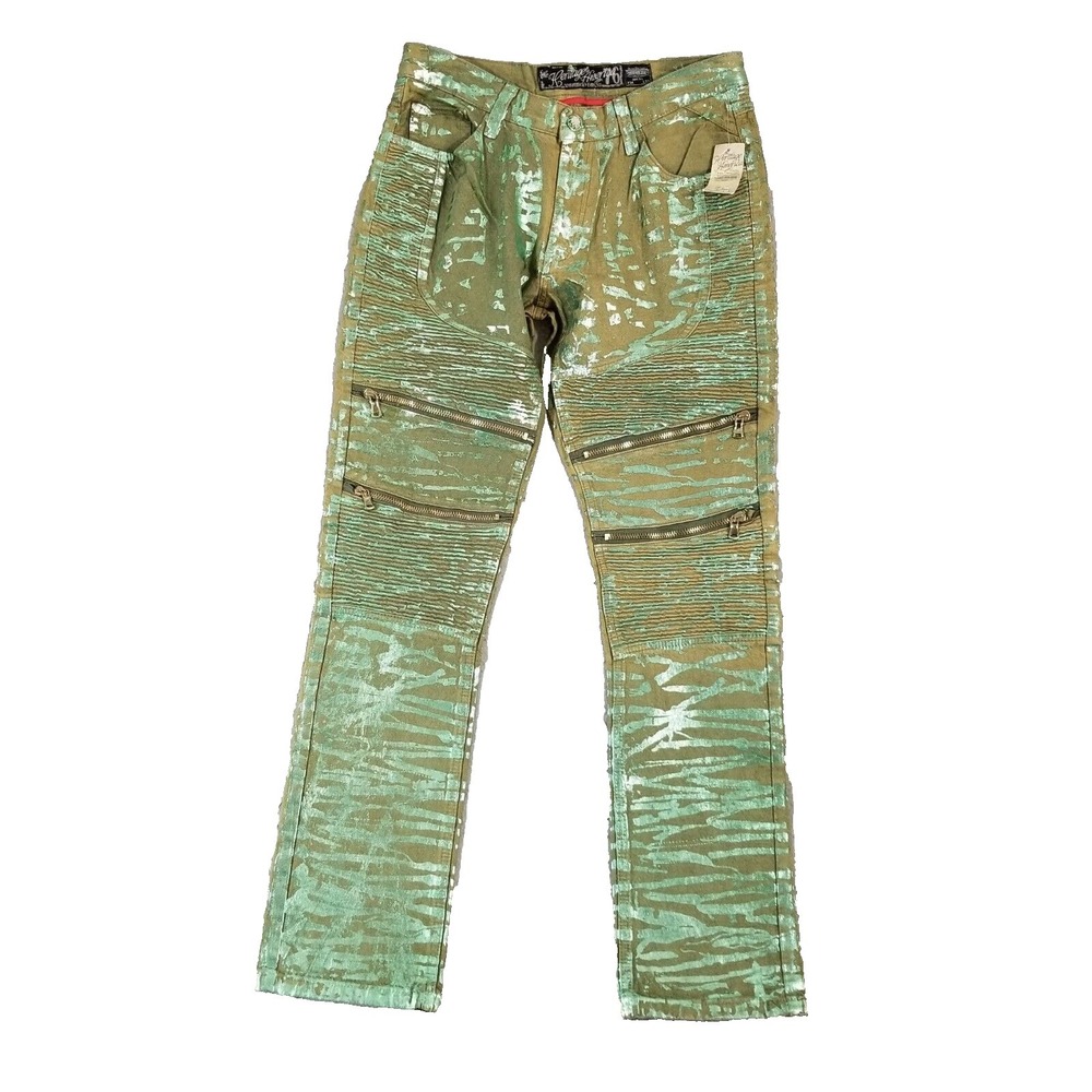 Heritage America denim Distillery jeans‎ men's 34x33 green painted biker NEW
